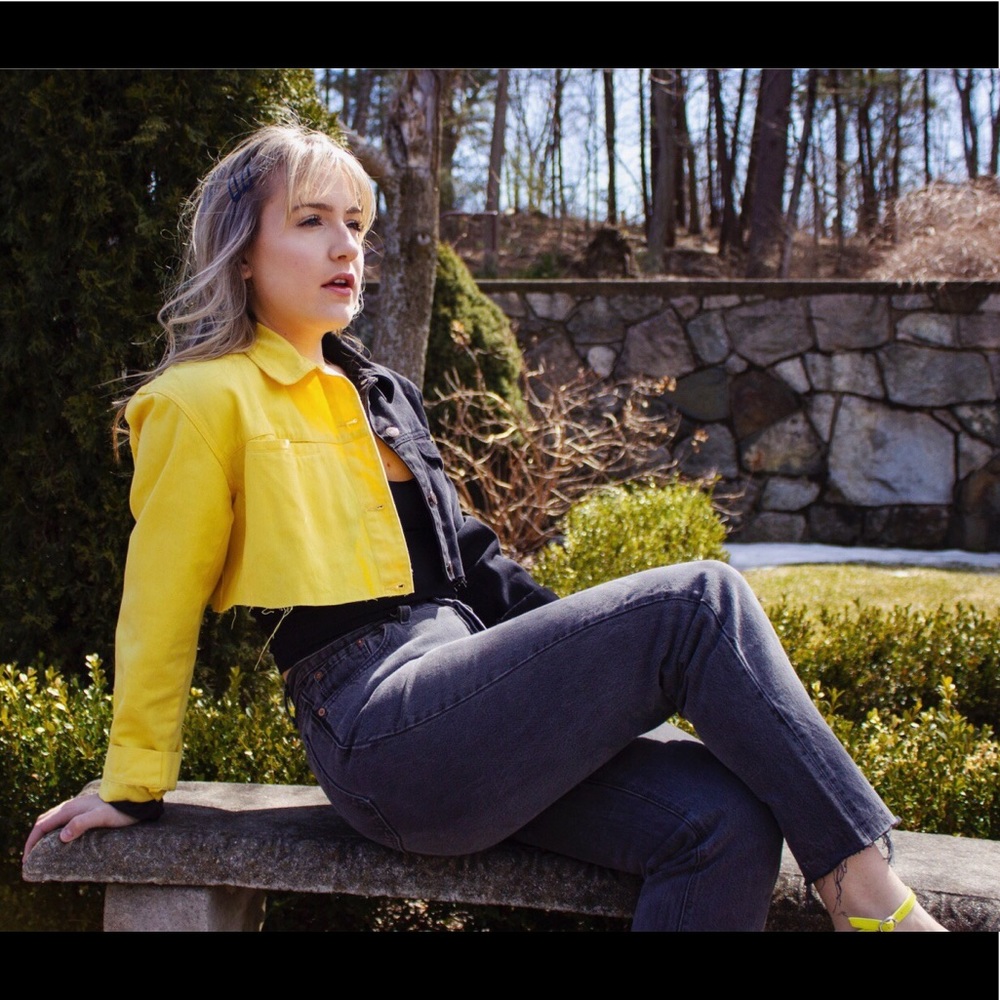 Black and yellow crop denim jacket